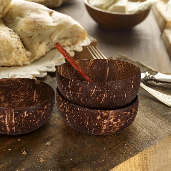 8 Kokosnussschalen aus Naturholz, 350 ml Kokosnussschalen mit 8 Holzlöffeln, polierte Kokosnussschale für veganen Bio-Salat, Milchshake, Obst und Desserts